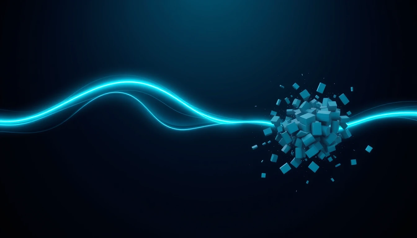 A smooth glowing line running left to right until it breaks apart into a cloud of scattered fragments.