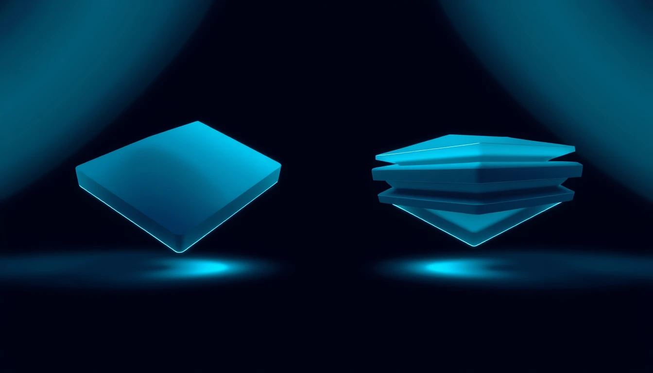 Two identical glowing slabs side by side: the left one flat and plain, the right one unfolded into layered structured planes.